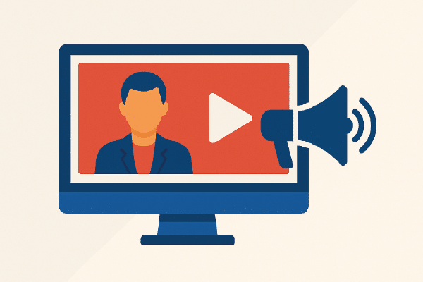 Ikon Casefilm & testimonials → To figurer i samtale, taleboble med play-ikon.