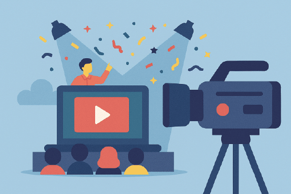 Ikon til Eventfilm & stemningsfilm → Scene med publikum, konfetti, spotlys, kamera.