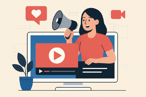 Ikon til Kampagnefilm → Kalender eller plakat i midten, pile der peger ud mod små SoMe-ikoner.