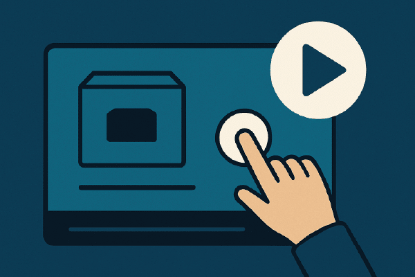 Ikon til Præsentationsfilm → Figur i spotlight foran kamera, med stort play-ikon i hjørnet.