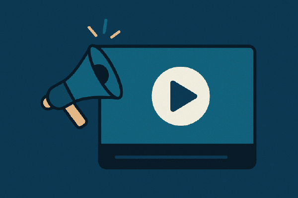 Ikon til Reklamefilm → Skærm med play-ikon, gnister/konfetti og en megafon i siden.