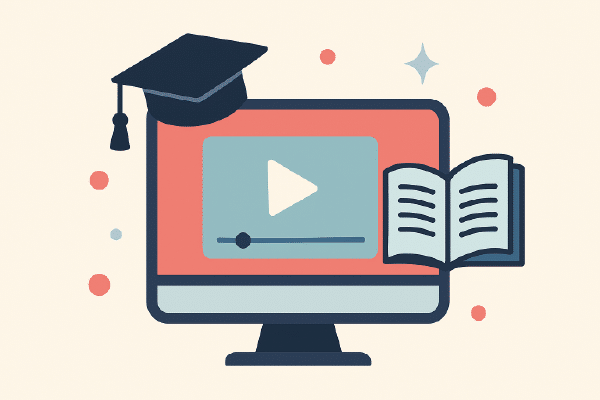 Ikon Undervisningsfilm → Figur ved skærm/whiteboard med play-ikon, mindre figurer som “elever”.